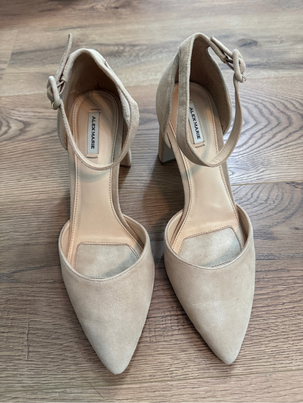 Alex Marie Nude Suede Pointed-Toe Ankle Strap Block Heels Size 8.5